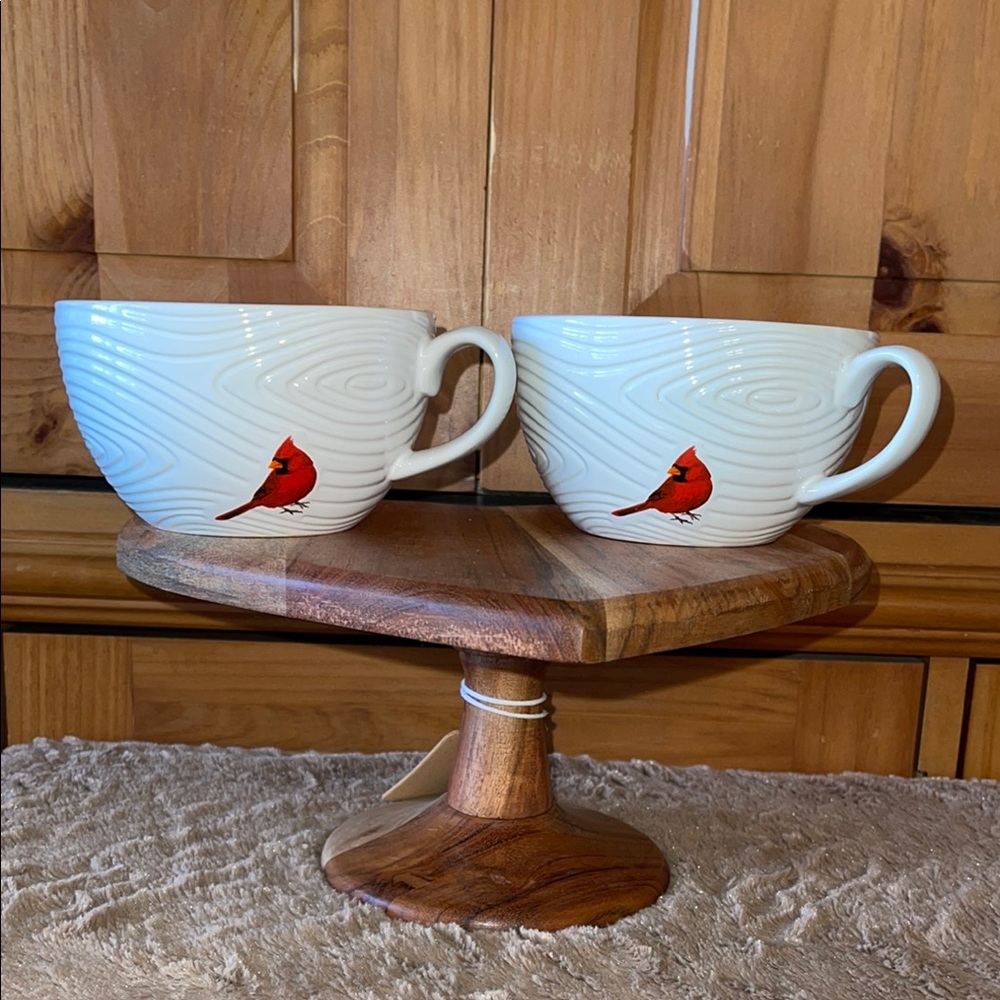 Temp-tations Cardinal Design White Mugs - 16 oz. Adorable birch tree texture.